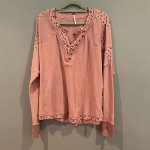 FREE PEOPLE | Pink Flowy Long Sleeve Distressed Flower Thermal Henley Shirt